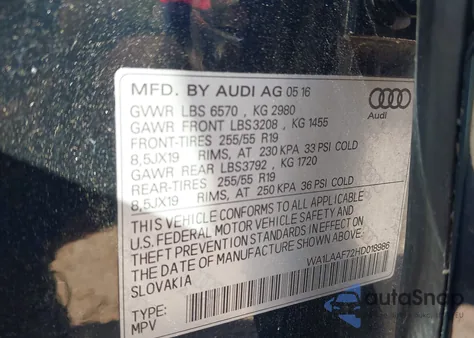 2017 Audi Q7 3.0T Premium from USA, damaged, VIN WA1LAAF72HD018986